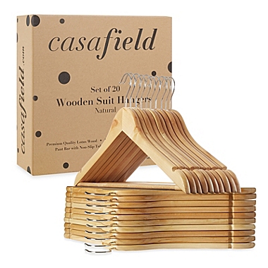Casafield - 20 Wooden Suit Hangers - Premium Lotus Wood with Notches & Chrome Swivel Hook for Dress Clothes, Coats, Jackets, Pants, Shirts, Skirts. View a larger version of this product image.