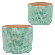Kingston Living Set of 2 Green Ceramic Checkered Footed Planters 12"