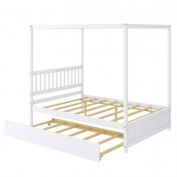 Slickblue White Full Size Canopy Platform Bed with Twin Roller Trundle Bed