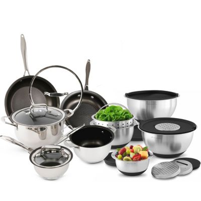 Wolfgang Puck 21-Piece Stainless Steel Cookware and Mixing Bowls Set,  Non-Stick Pots, Pans & Skillets; Nesting Bowls with Lids & Interchangeable  