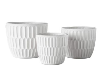 Urban Trends Collection Ceramic Round Pot with Pressed Oval Pattern Design Body and Tapered Bottom Set of Three Matte Finish White