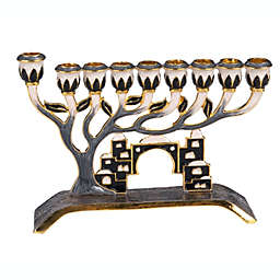 Gift Mark Decorative Menorah with Tree of Life and Crystal Accents of Old Jerusalem - Gray