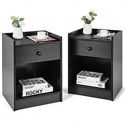 Costway Set of 2 Nightstand with Drawer Cabinet End Side Table Raised Top-Black