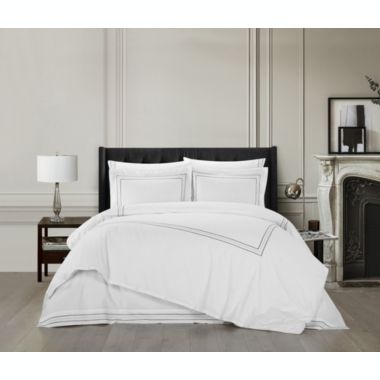 Chic Home Alexander Cotton Duvet Cover Set Solid White With Dual Stripe Embroidered Hotel Collection Bedding - Includes Two Pillow Shams - 3 Piece - Queen 92x96, Grey. View a larger version of this product image.