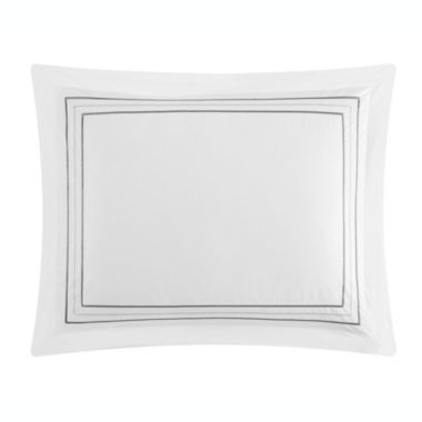Chic Home Alexander Cotton Duvet Cover Set Solid White With Dual Stripe Embroidered Hotel Collection Bedding - Includes Two Pillow Shams - 3 Piece - Queen 92x96, Grey. View a larger version of this product image.