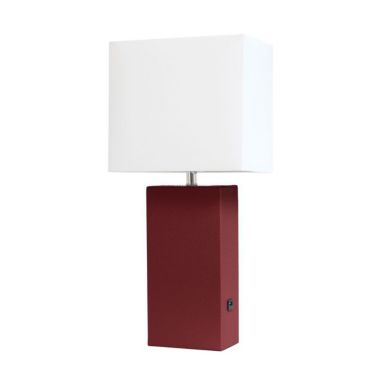 Lalia Home Lexington 21" Leather Base Modern Home Décor Bedside Table Lamp with USB Charging Port with White Rectangular Fabric Shade. View a larger version of this product image.