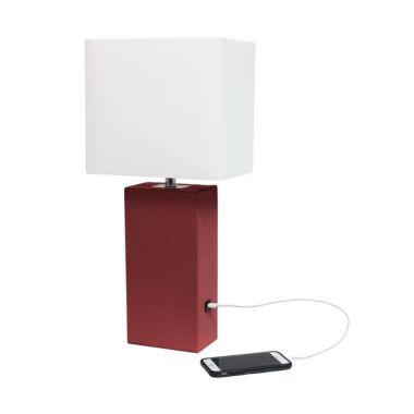 Lalia Home Lexington 21" Leather Base Modern Home Décor Bedside Table Lamp with USB Charging Port with White Rectangular Fabric Shade. View a larger version of this product image.
