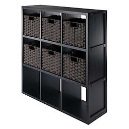 Timothy 7-Pc 3x3 Storage Shelf with 6 Foldable Woven Baskets, Black and Chocolate
