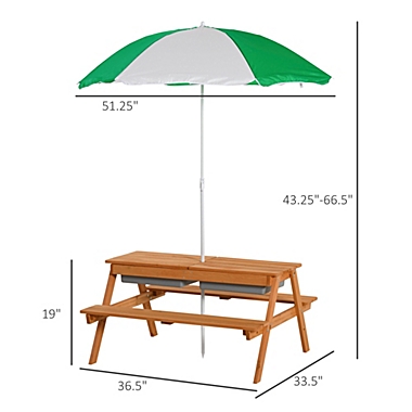Outsunny Kids Picnic Table Set Wooden Bench with Sandbox Removable & Height Adjustable Parasol Outdoor Garden Patio Backyard Beach 36.5&quot; x 33.5&quot; x 19&quot;. View a larger version of this product image.