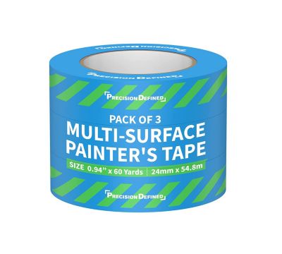 Precision Defined Multi-Surface Professional Blue Painters Tape, 0.94 inch x 60 yards, 3-Pack, UV-resistant, Water-based Acrylic Adhesive, 14-day Clean Removal, Paint tape for Walls, Tiles, Glass