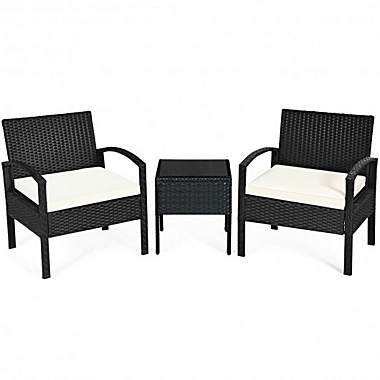 Costway 3 Pieces Outdoor Rattan Patio Conversation Set with Seat Cushions-White. View a larger version of this product image.