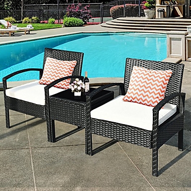 Costway 3 Pieces Outdoor Rattan Patio Conversation Set with Seat Cushions-White. View a larger version of this product image.