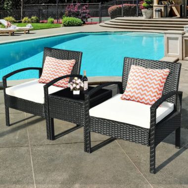 Costway 3 Pieces Outdoor Rattan Patio Conversation Set with Seat Cushions-White. View a larger version of this product image.