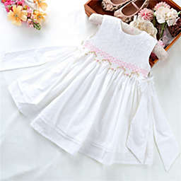 Laurenza's White Pink Sleeveless Hand-Smocked Dress with Embroidery