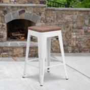 Emma + Oliver 24"H Backless White Metal Counter Height Stool with Wood Seat