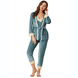 Allegra K Women's 3Pcs Cami Top Tie Lace Sleepwear Sexy Pajama Set Blue XS