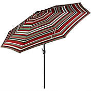 Sunnydaze Outdoor Aluminum Patio Umbrella with Solar LED Lights, Tilt, and Crank - 9&#39; - Awning Stripe
