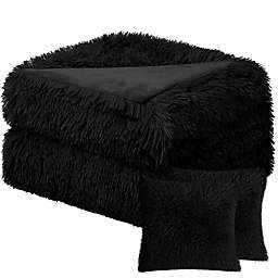 PiccoCasa Faux Fur Throw Blanket Pillow Cover Set Long Shaggy Microfiber Plush Lightweight Throw Blanket (50 x 60) 2pcs Cushion Covers (18 x 18) (No Pillow Insert Included) - Black