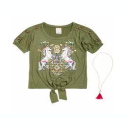 Belle Du Jour Big Girls 2 Pc. Unicorn Print Top & Necklace Set Green Size X-Large