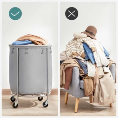 SONGMICS Laundry Basket with Wheels, Rolling Laundry Hamper, Round Laundry Cart with Steel Frame and Removable Bag, 4 Casters and 2 Brakes, Gray and Silver. View a larger version of this product image.