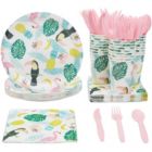 Alternate image 0 for Blue Panda 144 Pieces Tropical Paper Plates, Napkins, Cups, Pink Cutlery for Hawaiian Luau Party Decorations (Serves 24)