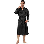 Lars Amadeus Men&#39;s Satin Robe Sleep Nightdress Long Sleeve Loungewear Soft Solid Breathable Sleepwear Pajama Dress Bathrobe XX-Large Black