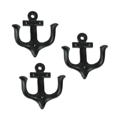 MD Specialties Set of 3 Black Enamel Cast Iron Ship&#39;s Anchor Shaped Decorative Wall Hooks