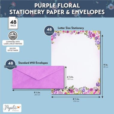 Pipilo Press Purple Watercolor Floral Stationery Paper and Envelopes Set (8.5 x 11 In, 48 Pack). View a larger version of this product image.