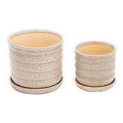 Kingston Living Set of 2 Ivory and Beige Tribal Ceramic Planter with Saucer 8"