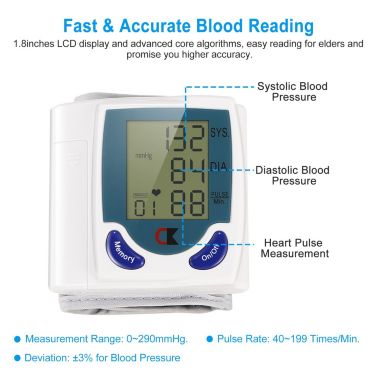 Generic Digital Wrist Blood Pressure Monitor (Measures Pulse, Diastolic and Systolic, Best Reading, High Normal and Low). View a larger version of this product image.