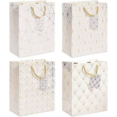 Sparkle and Bash Medium Gold and White Gift Bags with Handles for Wedding, Birthday, Bridal Shower (16 Pack)