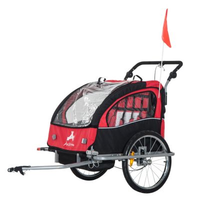 Aosom Elite 360 Swivel 2-In-1 Double Child Two-Wheel Bicycle Cargo Trailer Stroller With 2 Security Harnesses, Red