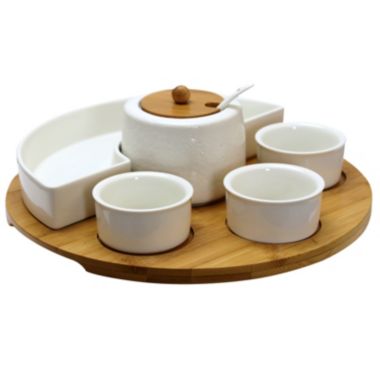 Elama Signature 8 Piece Appetizer Serving Set with 4 Serving Dishes, Center Condiment Server, Spoon, and Bamboo Serving Tray. View a larger version of this product image.