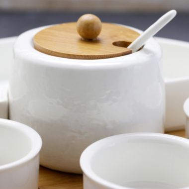 Elama Signature 8 Piece Appetizer Serving Set with 4 Serving Dishes, Center Condiment Server, Spoon, and Bamboo Serving Tray. View a larger version of this product image.