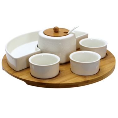 Elama Signature 8 Piece Appetizer Serving Set with 4 Serving Dishes, Center Condiment Server, Spoon, and Bamboo Serving Tray. View a larger version of this product image.