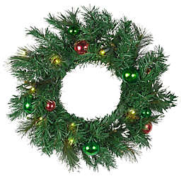 Holiday Wonderland Artificial Lighted Pine Christmas Decorated Wreath, Battery-Operated, 24