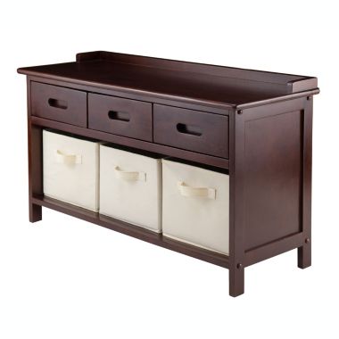 Winsome 4 Piece Adriana Seating And Storage Bench Set With 3 Foldable Beige Fabric Baskets. View a larger version of this product image.