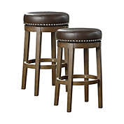 Lazzara Home Paran 30.5 in. Brown Backless Wood Frame Round Swivel Bar Stool with Brown Faux Leather Seat (Set of 2)