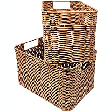 KOVOT Storage Woven Baskets Wicker Storage   Set of 2 Poly-Wicker Storage Baskets with Built-in Carry Handles   Laundry Storage Pantry Baskets Woven Polypropylene   12"L x 8"W x 7"H & 11"L x 7"W x 7"H. View a larger version of this product image.