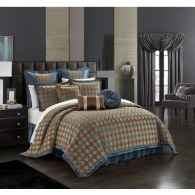 Chic Home Sue Comforter Set Chenille Geometric Scroll Pattern Flange Border Bed In A Bag - Sheet Set Bed Skirt Decorative Pillows Shams Included - 13-Piece - King 110x96", Blue. View a larger version of this product image.