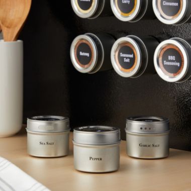 Talented Kitchen Set of 12 Magnetic Spice Jar Containers with Window-Top Sift and Pour Lids, 269 Preprinted Seasoning Label Stickers in 2 Styles for 3 oz Herb Tins. View a larger version of this product image.