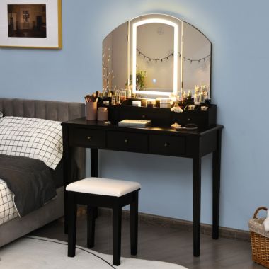 Slickblue Vanity Table Stool Set with Large Tri-folding Lighted Mirror. View a larger version of this product image.