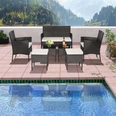 Slickblue 7 Piece Rustproof Wicker Outdoor Sofa Set with Coffee Tables and Ottomans. View a larger version of this product image.