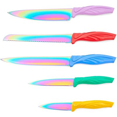 Juvale Titanium Knife Set, Paring, Slicer, Bread, Carving, and Chef Knives (Rainbow, 5 Pack)