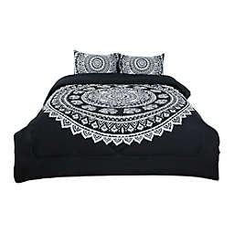 PiccoCasa Fashion 3-Piece Bohemian Black Comforter Sets, 3D Printed Bohemia Themed - All-Season Down Alternative Quilted Duvet - Reversible Design - Includes 1 Comforter, 2 Pillow Cases Full