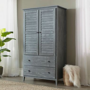 Slickblue FarmHome Louvered Distressed Grey Solid Pine Armoire. View a larger version of this product image.