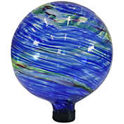 Sunnydaze Northern Lights Gazing Ball Decorative Glass Garden Globe Sphere with Stemmed Bottom and Rubber Cap - 10" Diameter - Blue and Green Swirl