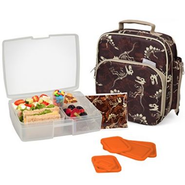 Bentology Lunch Bag and Box Set for Boys - Includes Insulated Durable Tote Bag with Handle and bottle holder, Bento Box, 5 Containers and Ice Pack - BPA & PVC Free (Fossils). View a larger version of this product image.