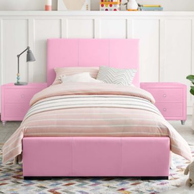 Camden Isle Home Decorative Hindes Upholstered Platform Bed, Pink, Full with 1 Nightstand. View a larger version of this product image.