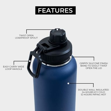 BOZ Stainless Steel Water Bottle XL - Monaco Blue (1 L / 32oz) Wide Mouth, BPA Free, Vacuum Double Wall Insulated. View a larger version of this product image.